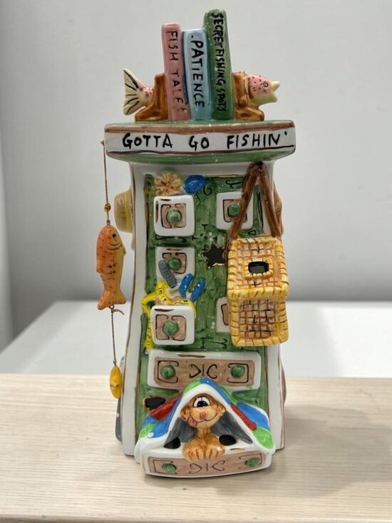 Robert Marble Other - Robert Marble SIGNED Fishing Soothes The Soul Ceramic Candle Tower Sculpture